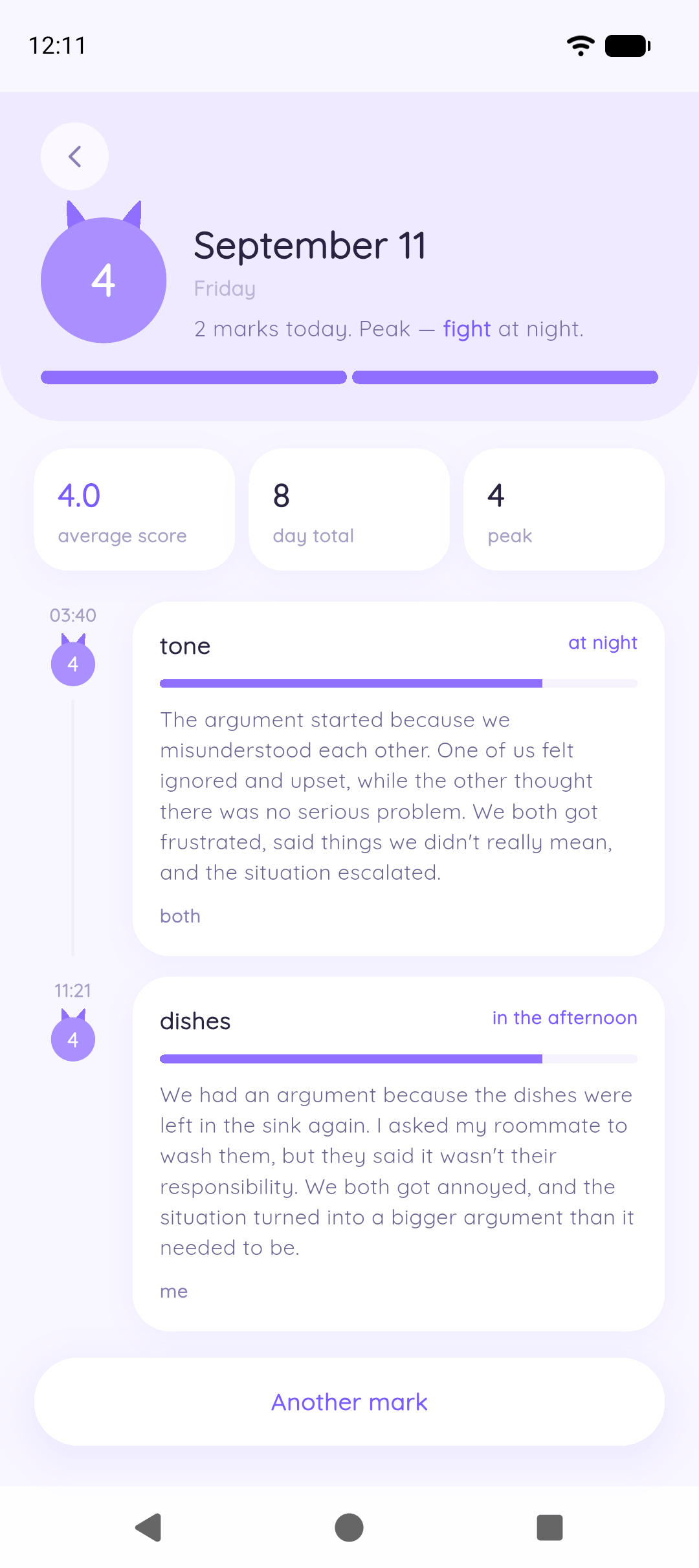 Day view with a timeline of marks